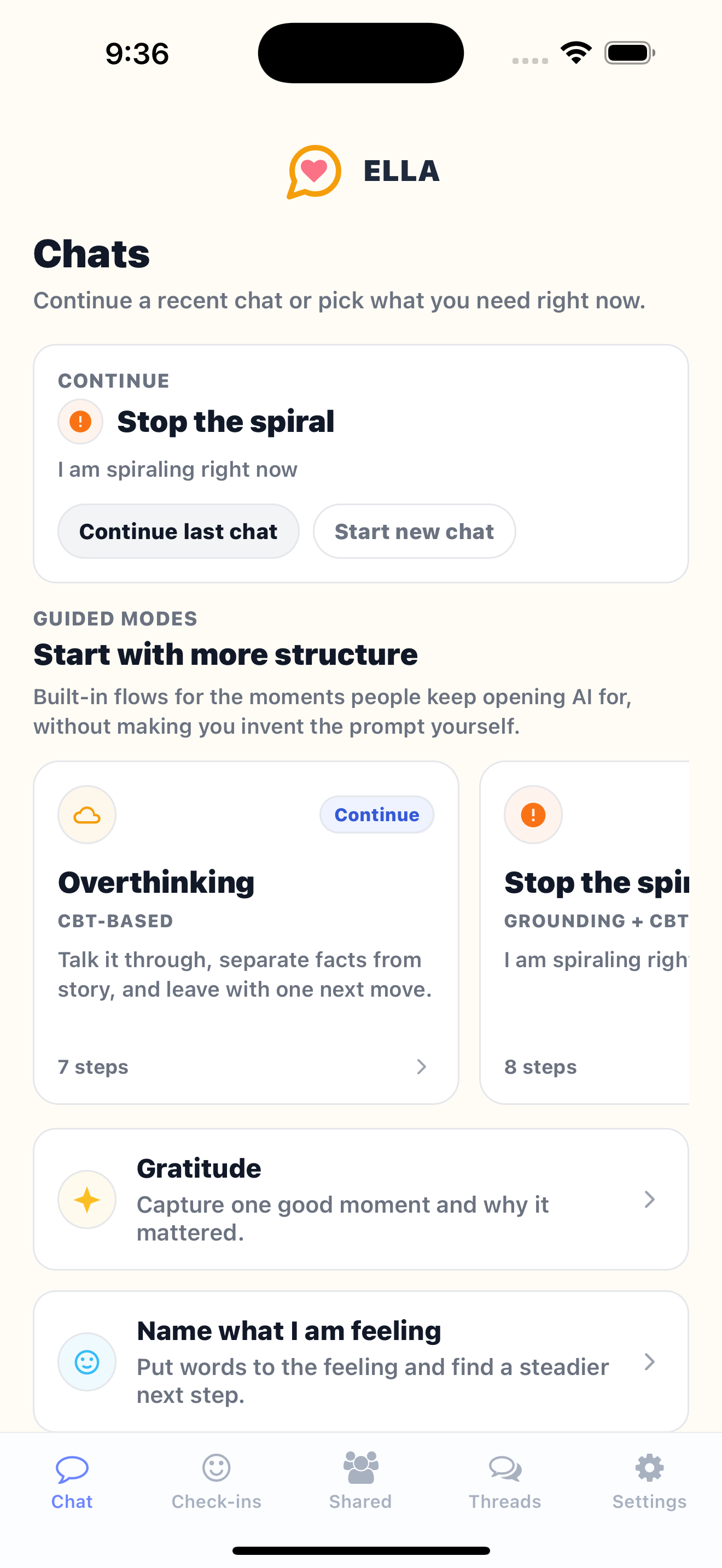 Ella chats home screen