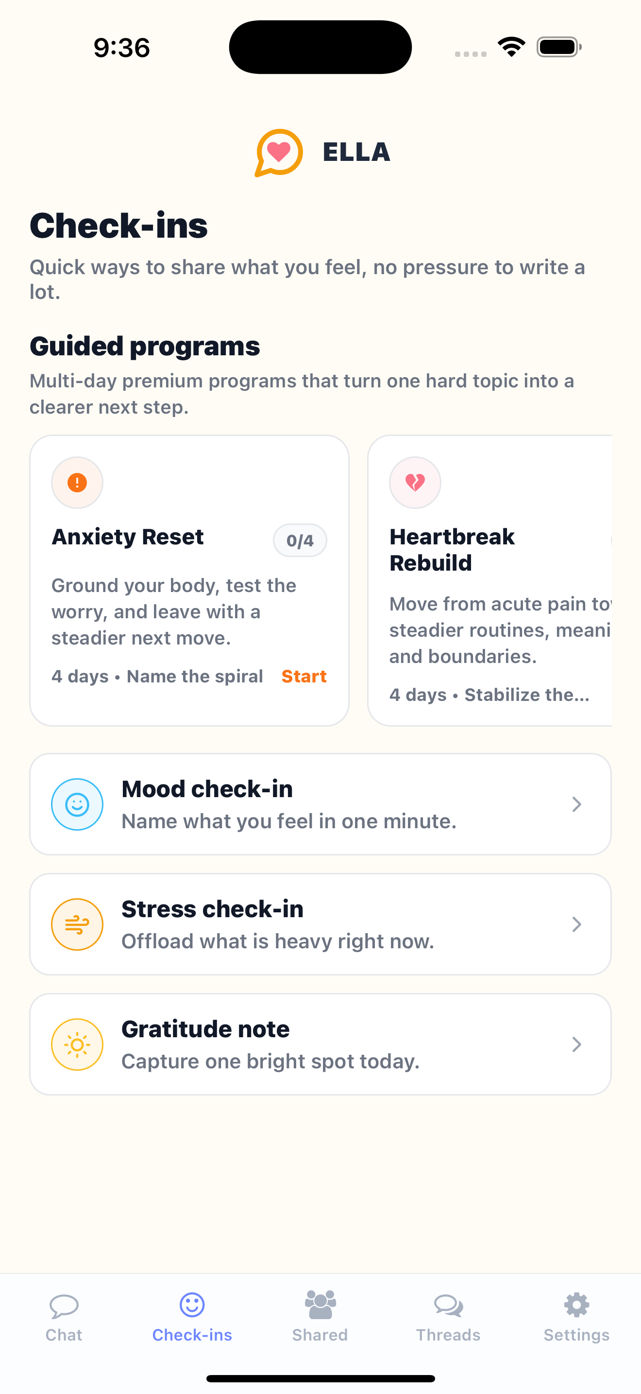 Ella check-ins screen