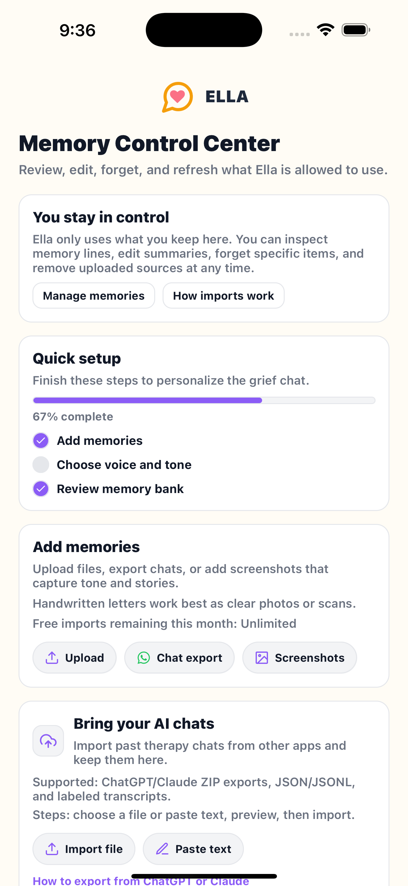 Ella memory control center screen