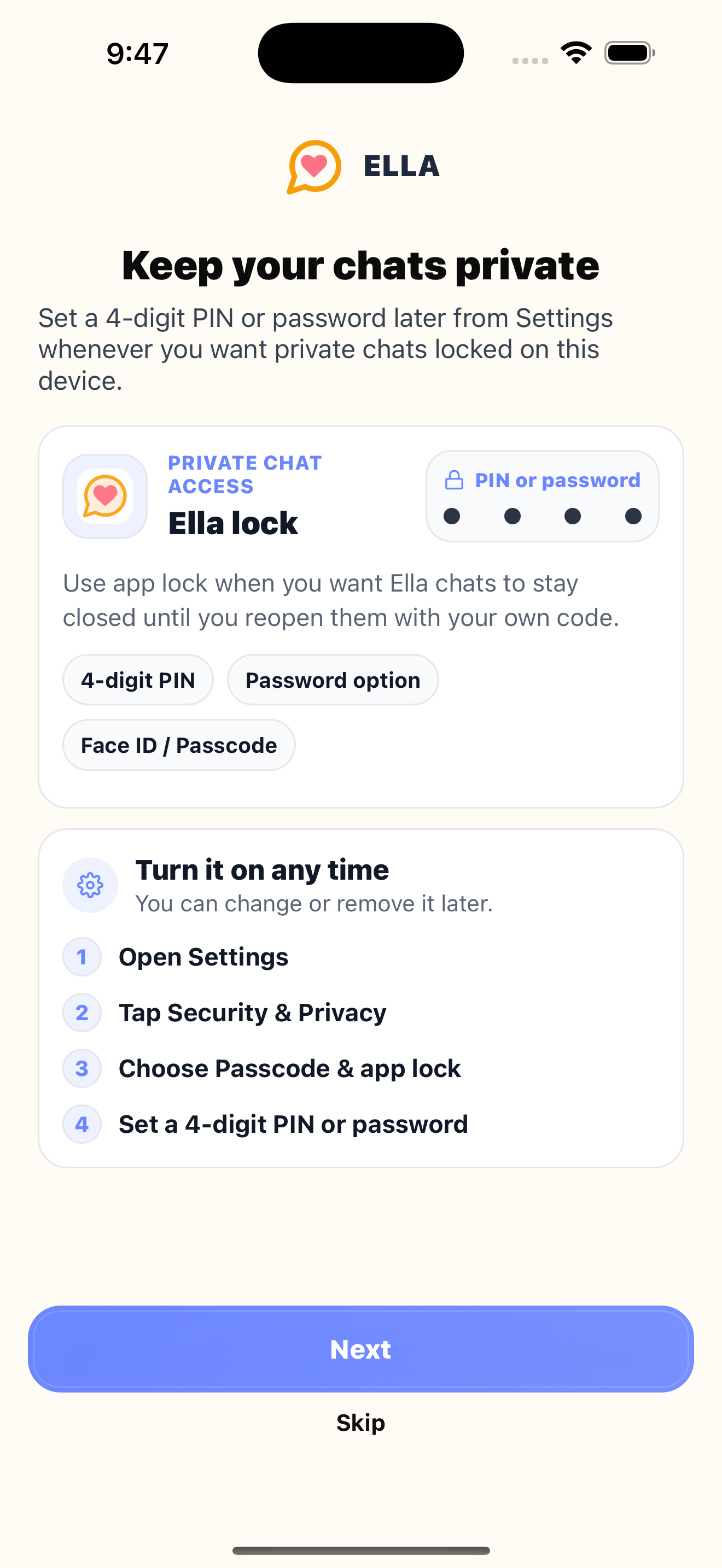 Ella chat lock onboarding screen
